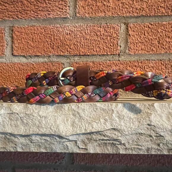 Colorful Womens Leather Belt, Rainbow Cotton Pattern Woven w/ Brown, Size L - Picture 1 of 6